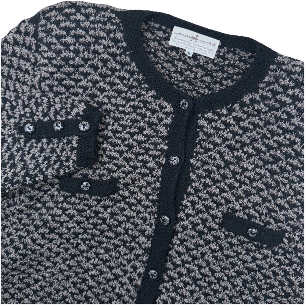 Peruvian Connection Cardigan Women XL Black Grey Merino Wool Handknit Popcorn‎